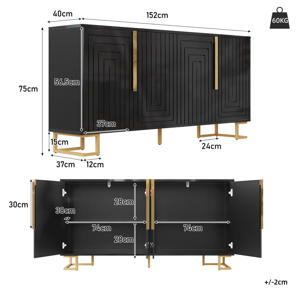 Credenza Sideboard ¨C MINIMAL ¨C Nero, Design Geometrico, Maniglie Dorate, 152x40x75 cm