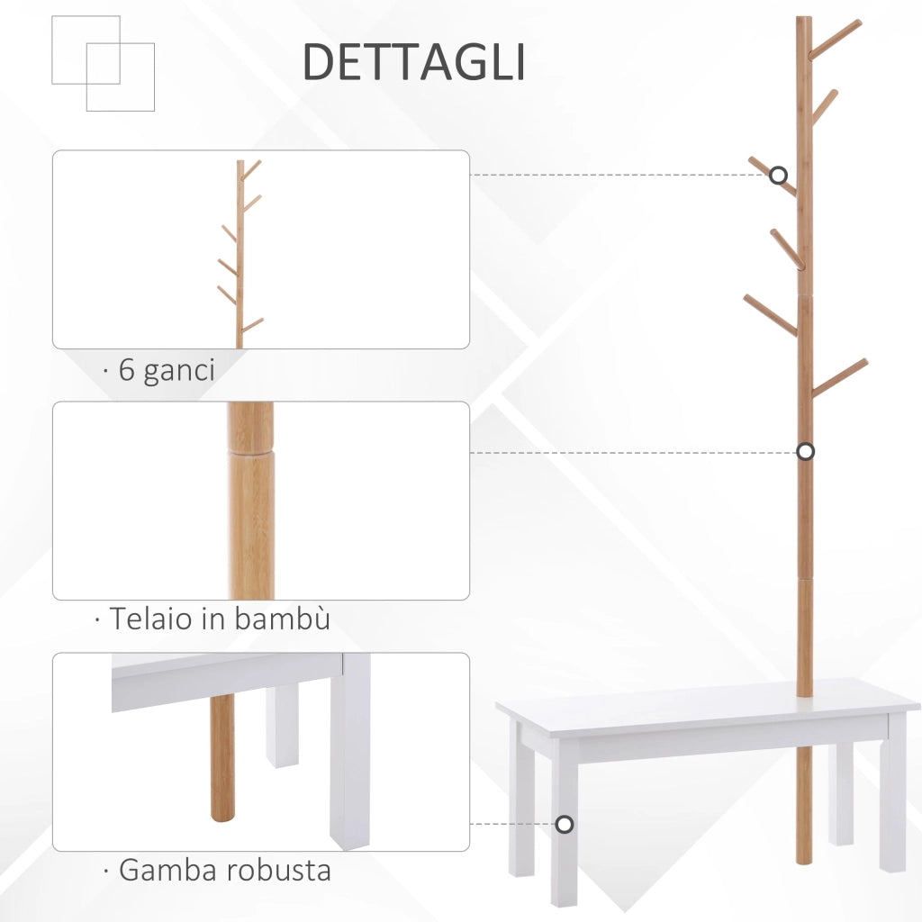 Panca con Appendiabiti in Bambù Bianco e Legno 80x30x180 cm