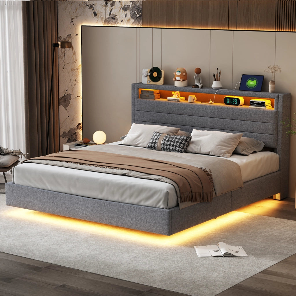 Letto imbottito matrimoniale 160x200 cm con contenitore idraulico, USB e LED, grigio