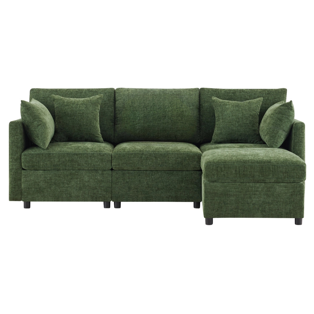 Divano modulare angolare a L 216x161x81 cm in chenille verde con 4 cuscini