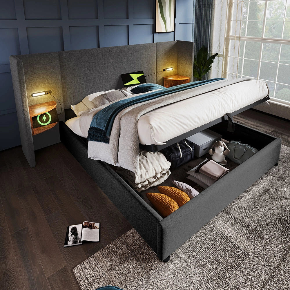 Letto imbottito con cassone - Xylo - 180??200 cm - Grigio Lin - Comodino con luce e USB Type-C