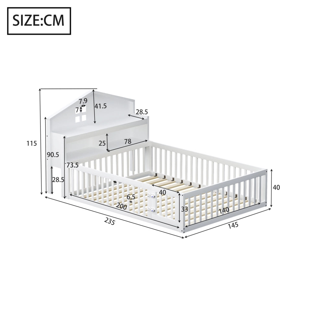 Letto per bambini 140x200 cm con sponde; porta e lavagna; bianco