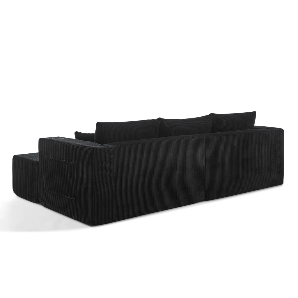Divano angolare modulare 3 posti con 2 pouf mobili; portabicchieri e tasche laterali; nero