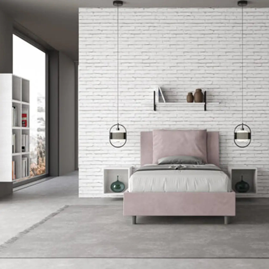 Letto una piazza e mezza contenitore imbottito 120x210 microfibra glicine Antea