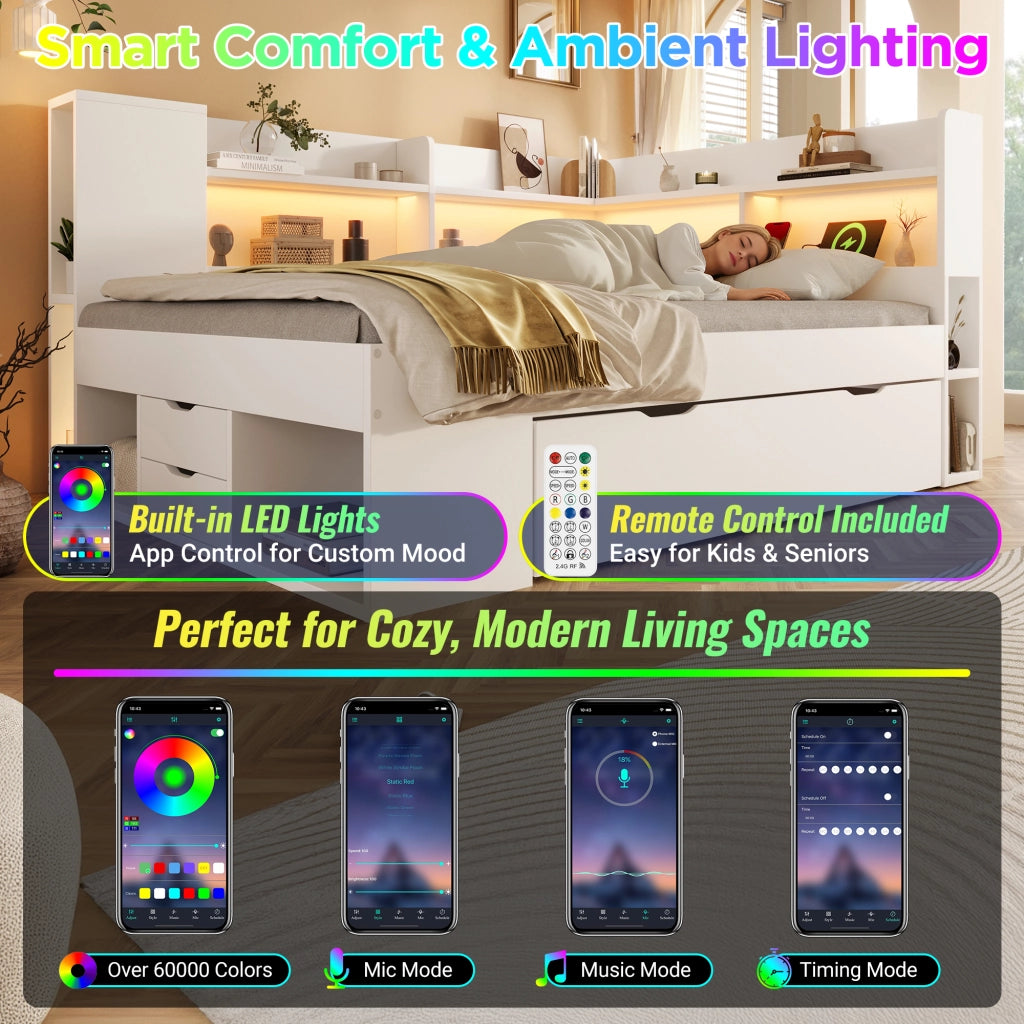 Letto divano 140 × 200 cm con LED, USB e Type-C, contenitore con cassetti, materasso incluso, bianco