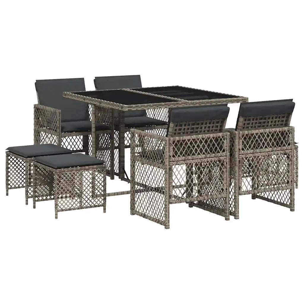 Set da Pranzo da Giardino 9 pz con Cuscini in Polyrattan Grigio