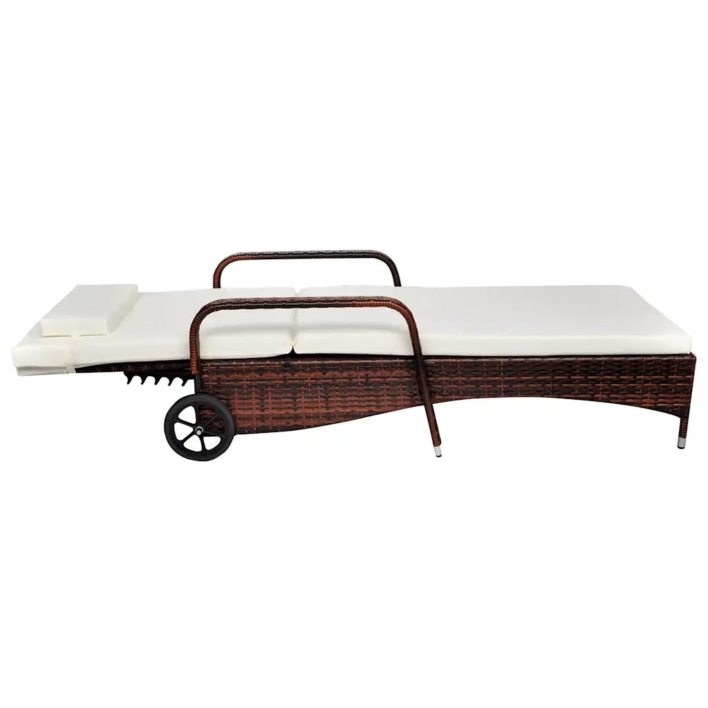 Lettino Prendisole con Cuscino e Ruote in Polyrattan Marrone 42476