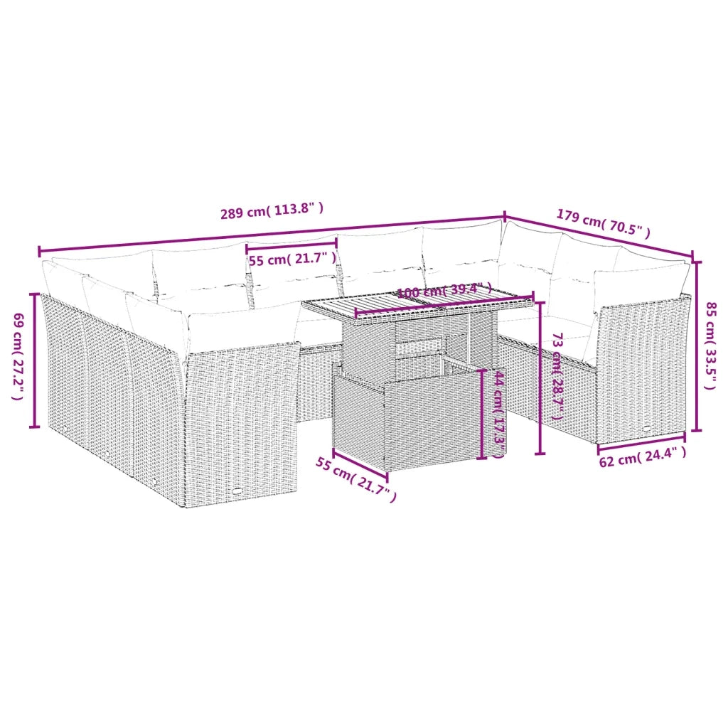 Set Divani da Giardino 10pz con Cuscini in Polyrattan Nero