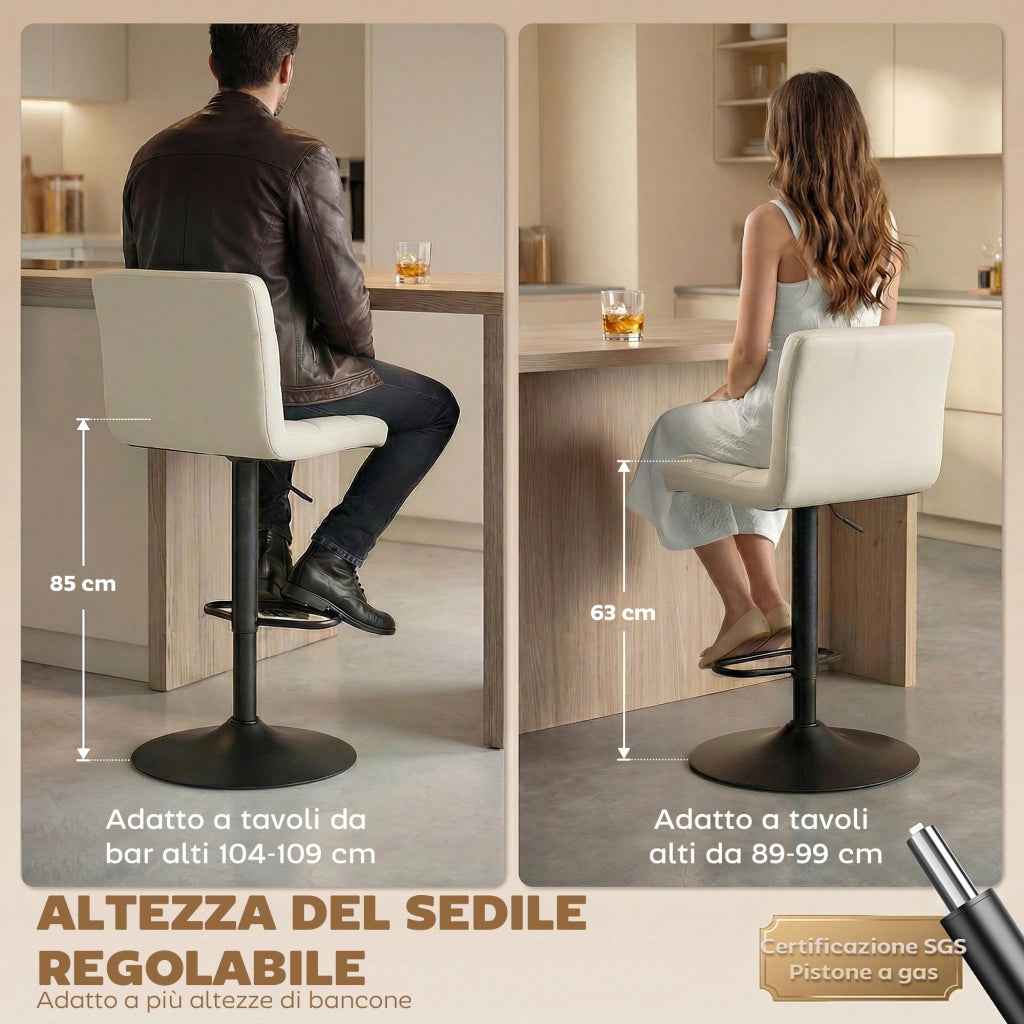 Sgabelli da Bar Regolabili con Poggiapiedi ¨C Minimal ¨C Pelle PU e Acciaio, Crema, 39.5x44x88-110 cm
