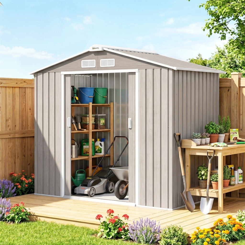 Casetta da Giardino ¨C zephmum ¨C Effetto Legno 213x130x185 cm con 2 Porte Scorrevoli e 4 Finestre