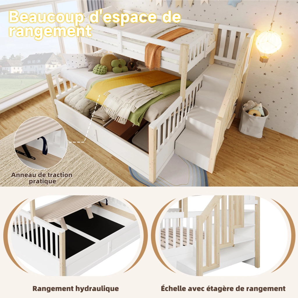 OKWISH Letto a Castello 90×200 cm e 140×200 cm, Letto 3 Posti con Contenitore Idraulico, Scala con Contenitori e Sponde, senza Materasso, Bianco e Naturale