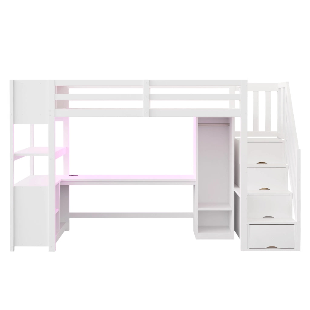 Letto a Soppalco con Scrivania e Armadio ¨C MINIMAL ¨C Legno Bianco, LED, 90x200