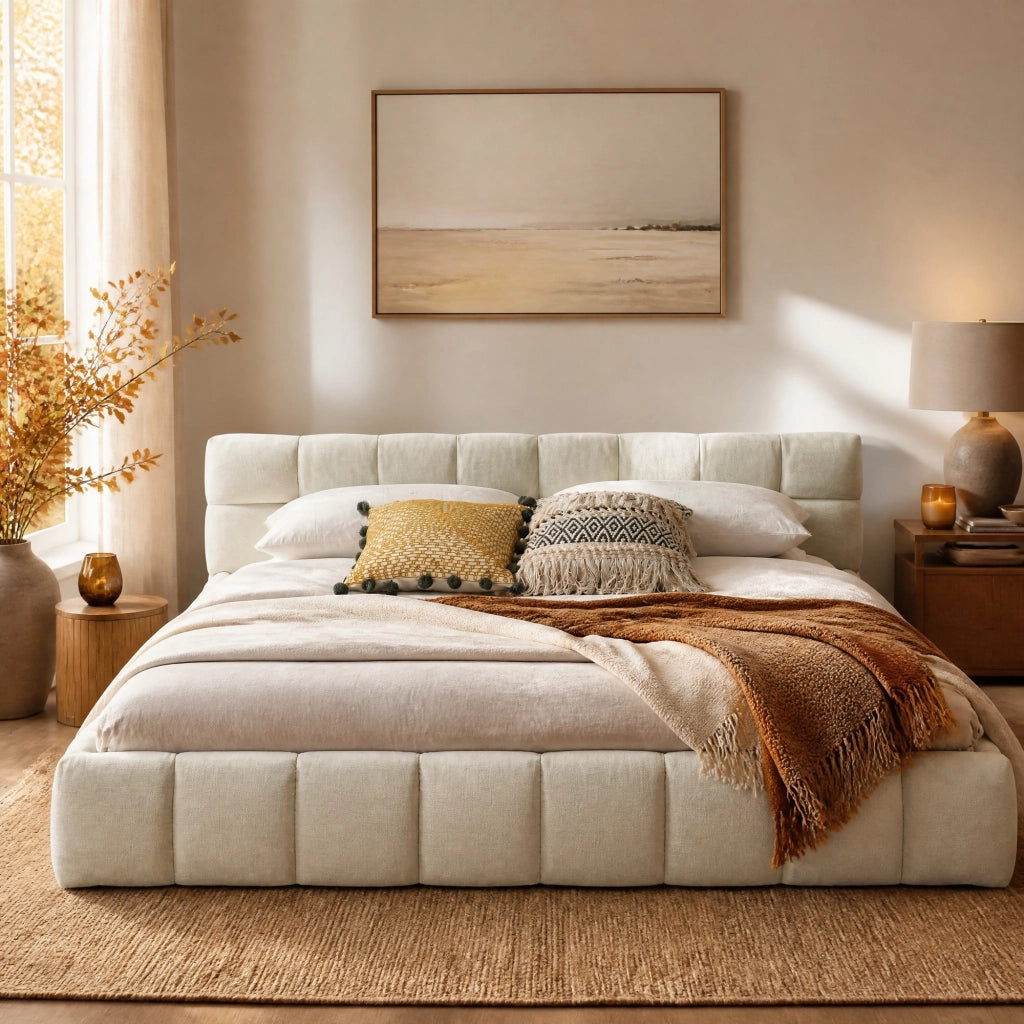 Letto matrimoniale 160x200 cm in chenille beige con struttura in eucalipto e ferro