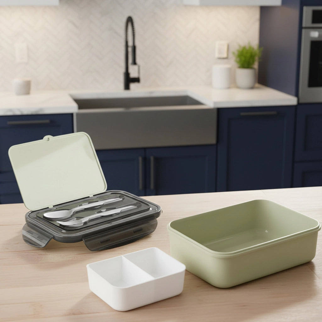 Contenitore per alimenti da 1,3 L CF-5031 con cucchiaio e forchetta Verde Cheffinger