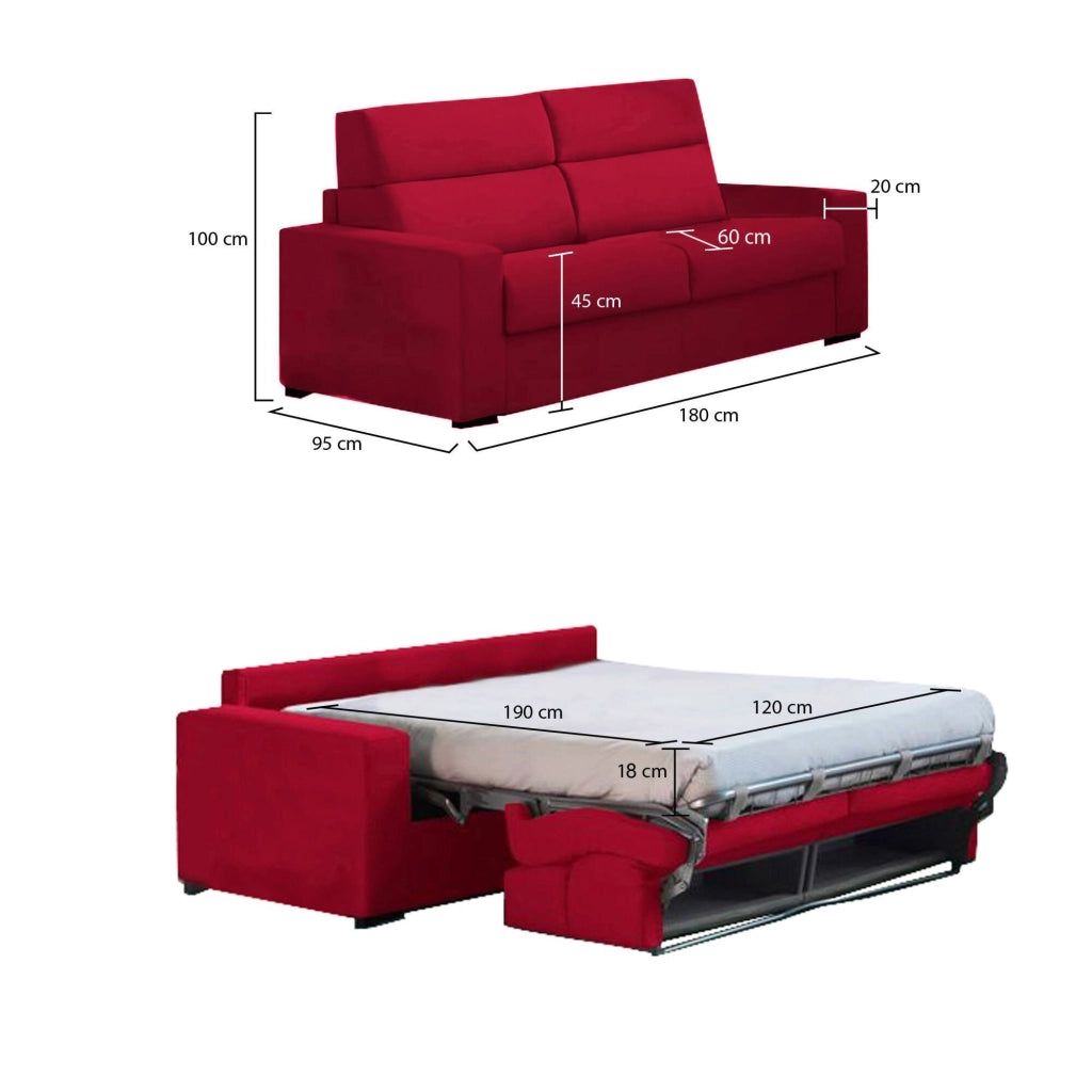 None, Divano Letto 2 Posti Sfoderabile Made in Italy, 180x95 cm Rosso