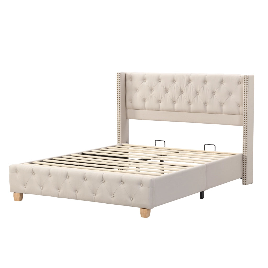 letto imbottito lino beige 160 x 200 cm