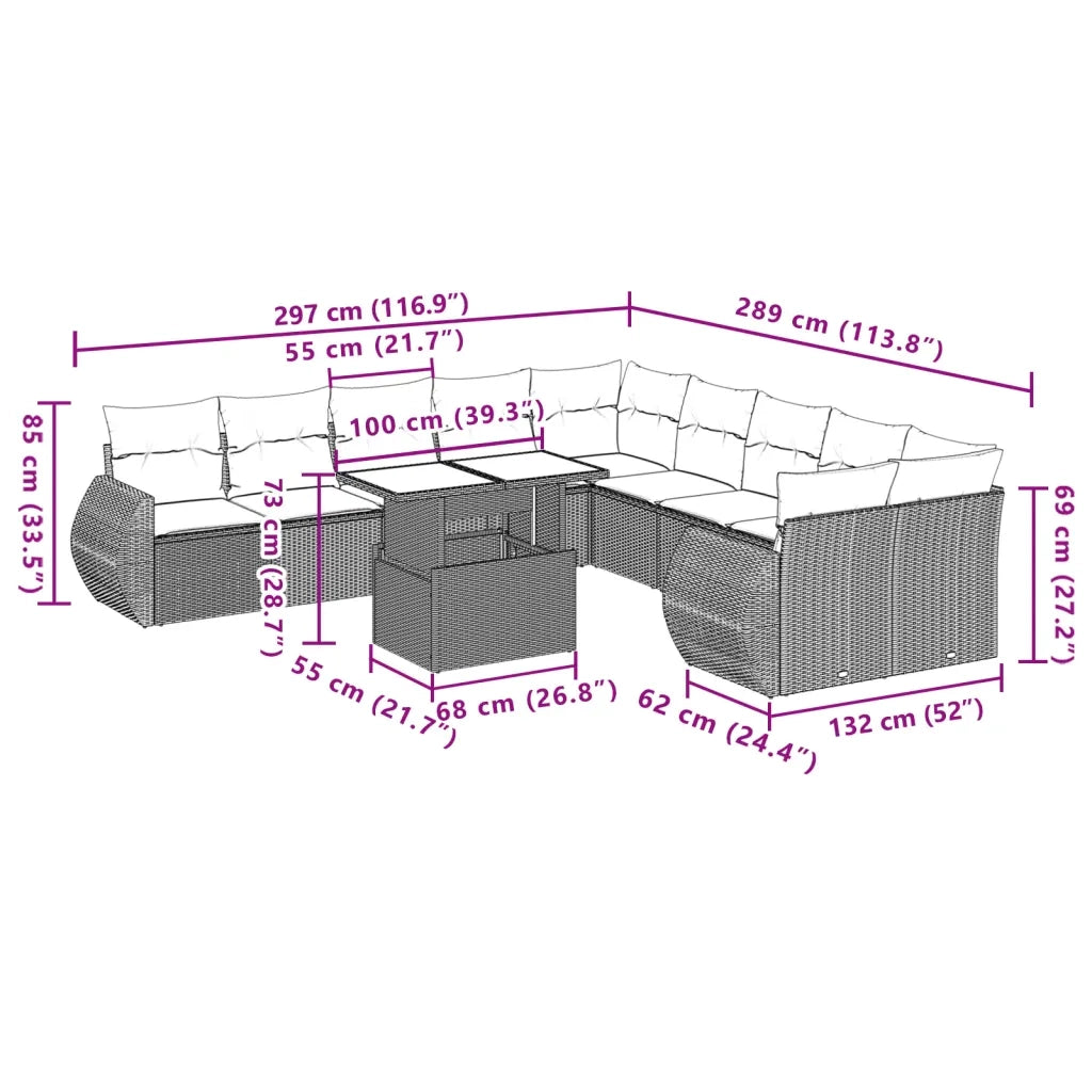 Set Divani da Giardino 11 pz con Cuscini Beige in Polyrattan 3268799