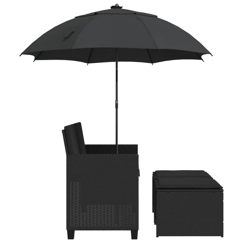 Divano Giardino 2 Posti Ombrellone e Sgabelli Nero Polyrattan 365883