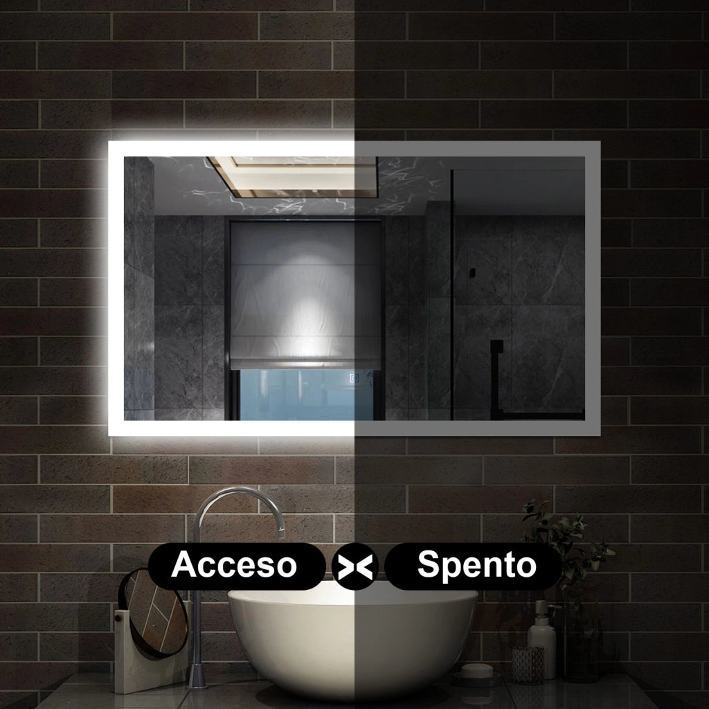 specchio rettangolare 100x60 cm con luce led, antiappannamento e touch