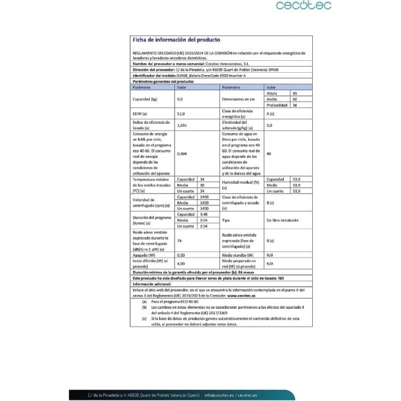 CECOTEC 02468 - Lavatrice Bolero DressCode 9500 Inverter A