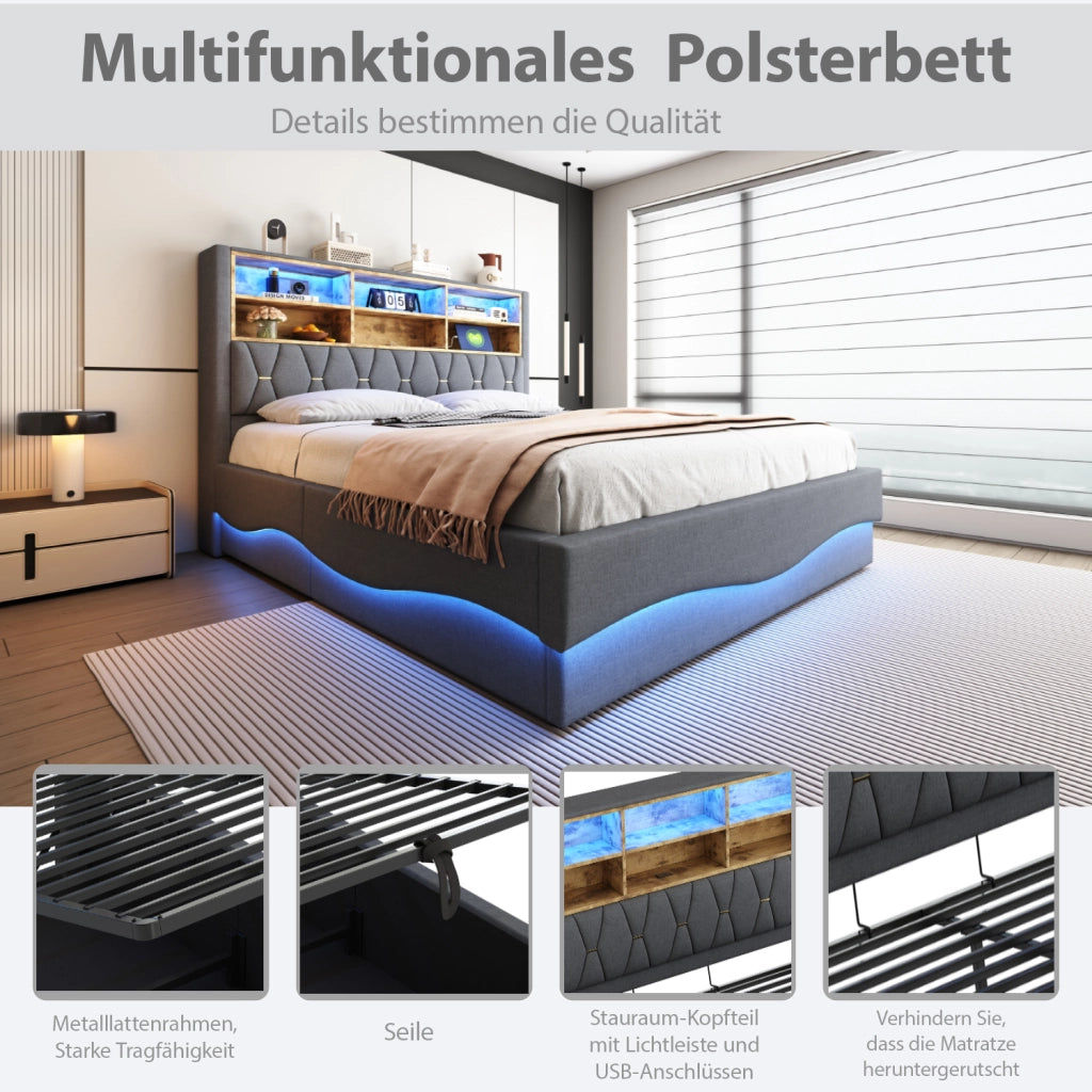 LETTO 180x200 cm con contenitore idraulico, LED APP e USB, Grigio
