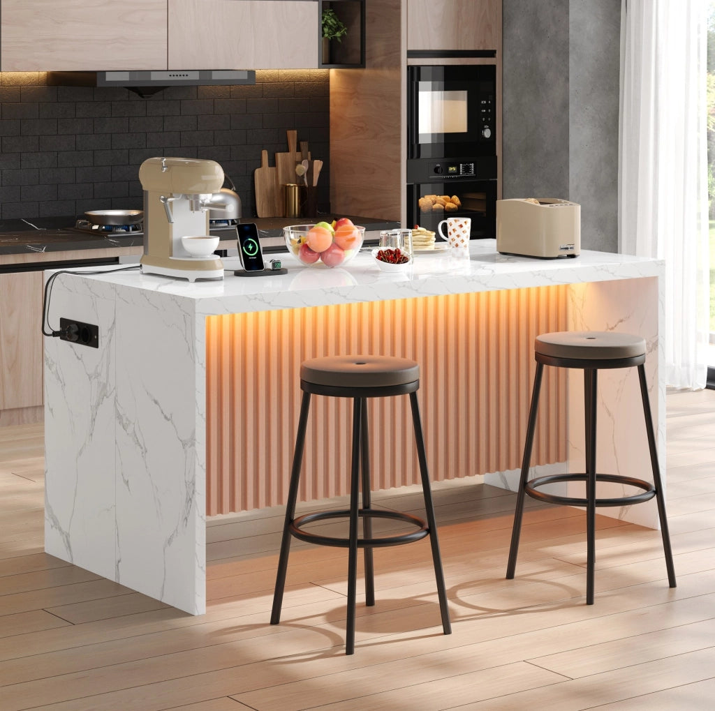 Isola cucina 155x80x90 cm in MDF effetto marmo bianco; con LED; prese e USB
