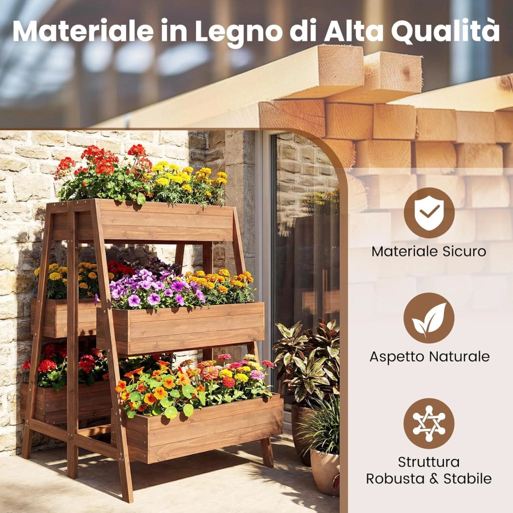 Orto Rialzato a 3 Livelli, Fioriere Rialzate in Legno Massello con Base Doghe e Tessuto, Aiuola Verticale per Piante da Interno ed Esterno per Giardino, Patio e Balcone, 126 x 90 x 115 cm