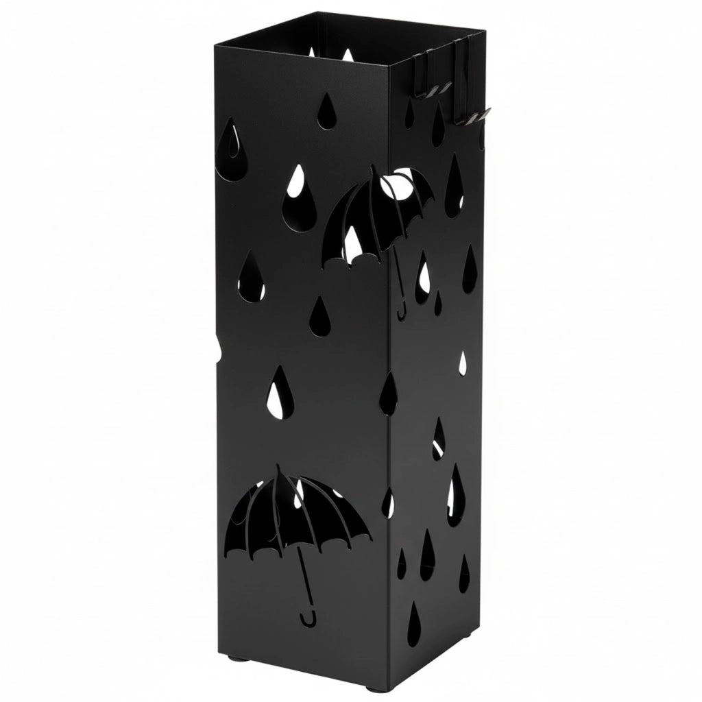 Portaombrelli In Acciaio Zincato Con Design Moderno Vaschetta Scolapioggia 2 Ganci Removibili Base Antiscivolo Per Ingresso Casa E Ufficio 49 X 15.5 X 15.5 Cm Nero
