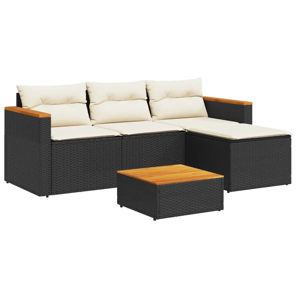 Set Divani da Giardino 5 pz con Cuscini Nero Polyrattan Acacia