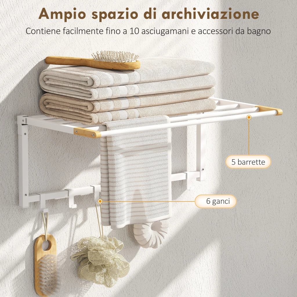 Portasciugamani a Parete Pieghevole ¨C Xylo ¨C Legno e Acciaio, 5 Barre, 6 Ganci, 60x32.5x20 cm, Bianco