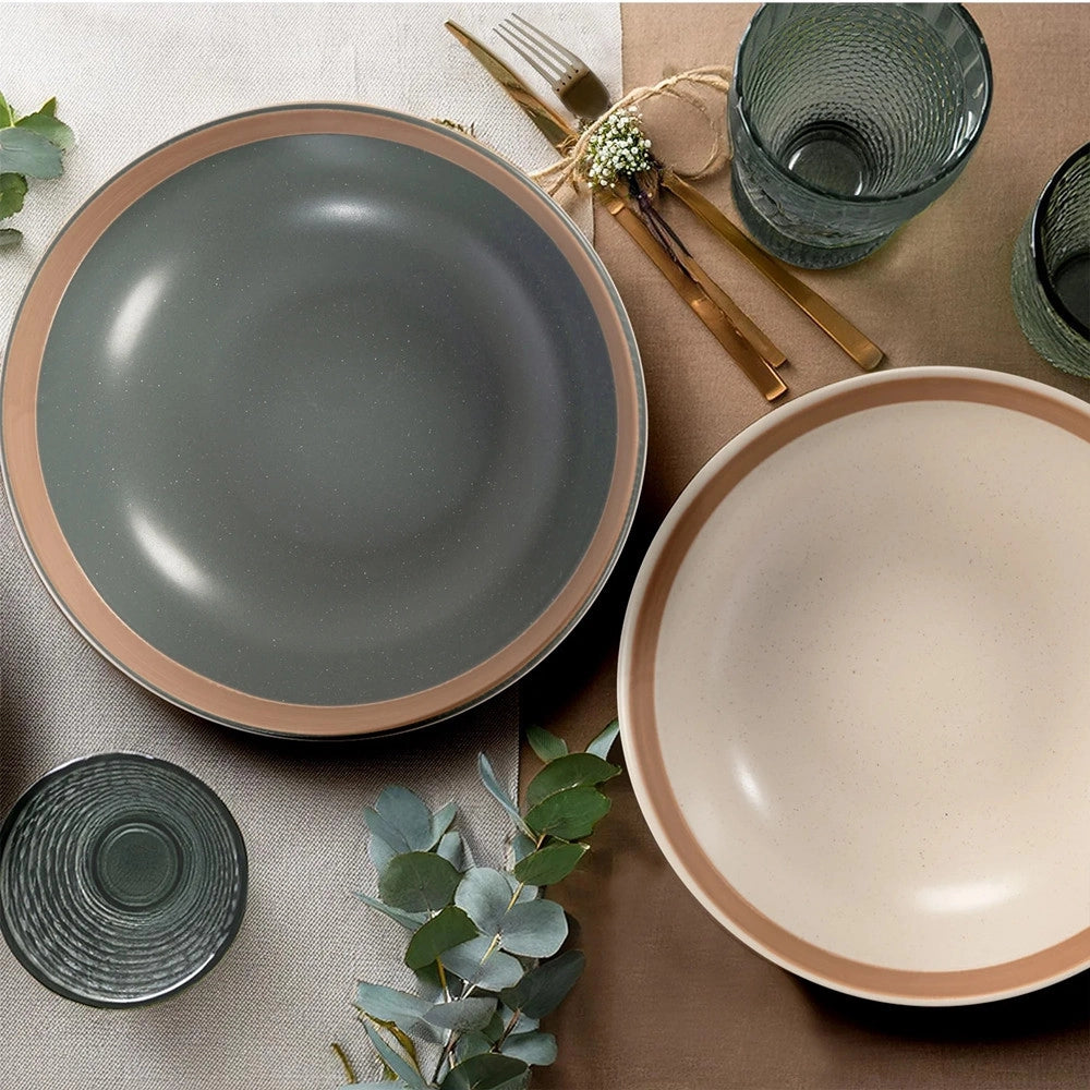 Trade Shop - Set Servizio Di Piatti In Stoneware 18 Pz Da Tavola Design Classico Elegante Con Bordo -