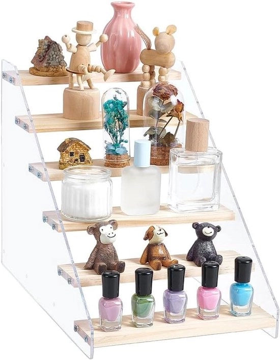 Supporto di esposizione per bambole e accessori | Acryl legno 6 livelli | Organizzatore per action figure e minifigure | Display per profumi e cupcake | Assemblato