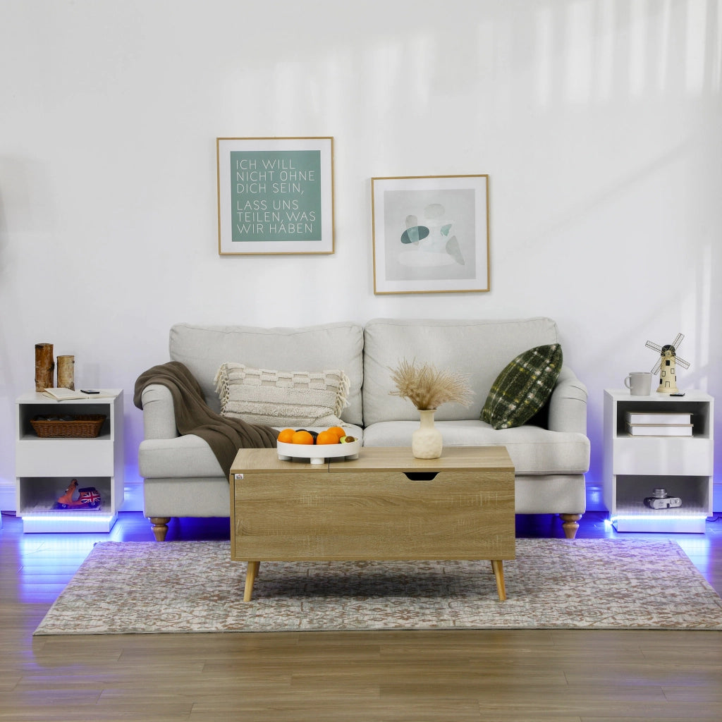 Easycomfort Comodini Moderni con LED, Set 2 Pezzi in Truciolato Bianco con Cassetto e 2 Ripiani Aperti, 40x40x55 cm