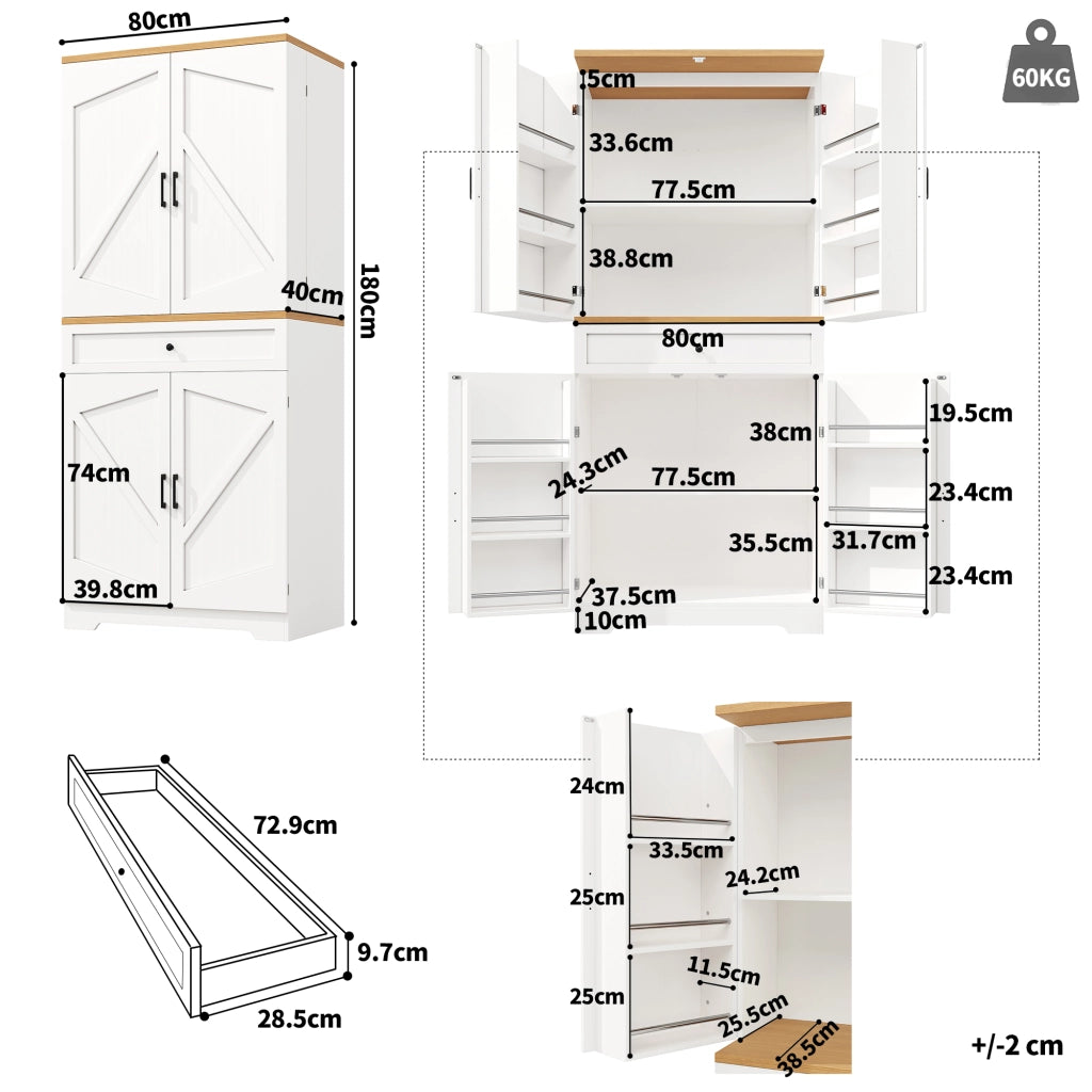 Credenza alta multiuso in MDF bianco 80x40x180 cm con cassetti e ripiani aperti