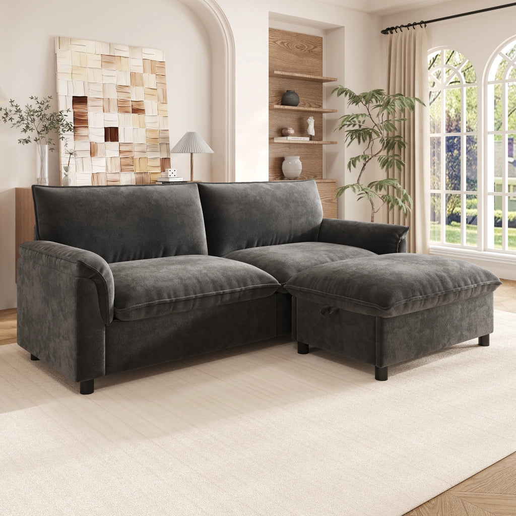 DIVANO Angolare Modulare 216 cm in Chenille Nero con 1 poggiapiedi