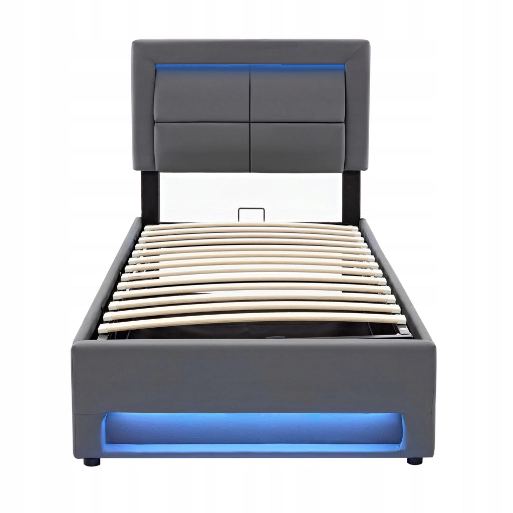 Letto imbottito 90x200 - Xylo - Grigio, USB, LED, con ripostiglio