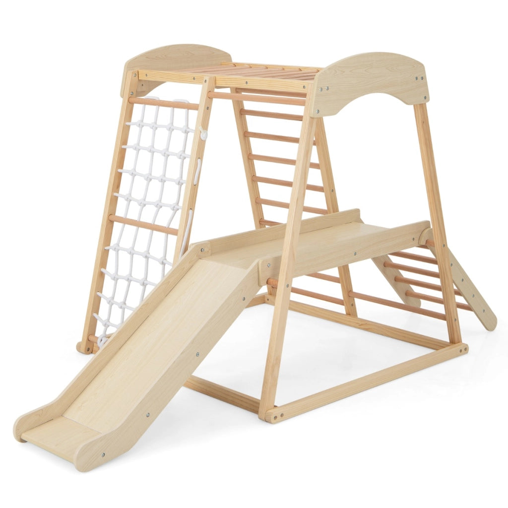 Parco giochi 6-in-1 per bambini 1+ anni con barre di scimmia scivolo corda e scale in legno, Palestra in legno Naturale