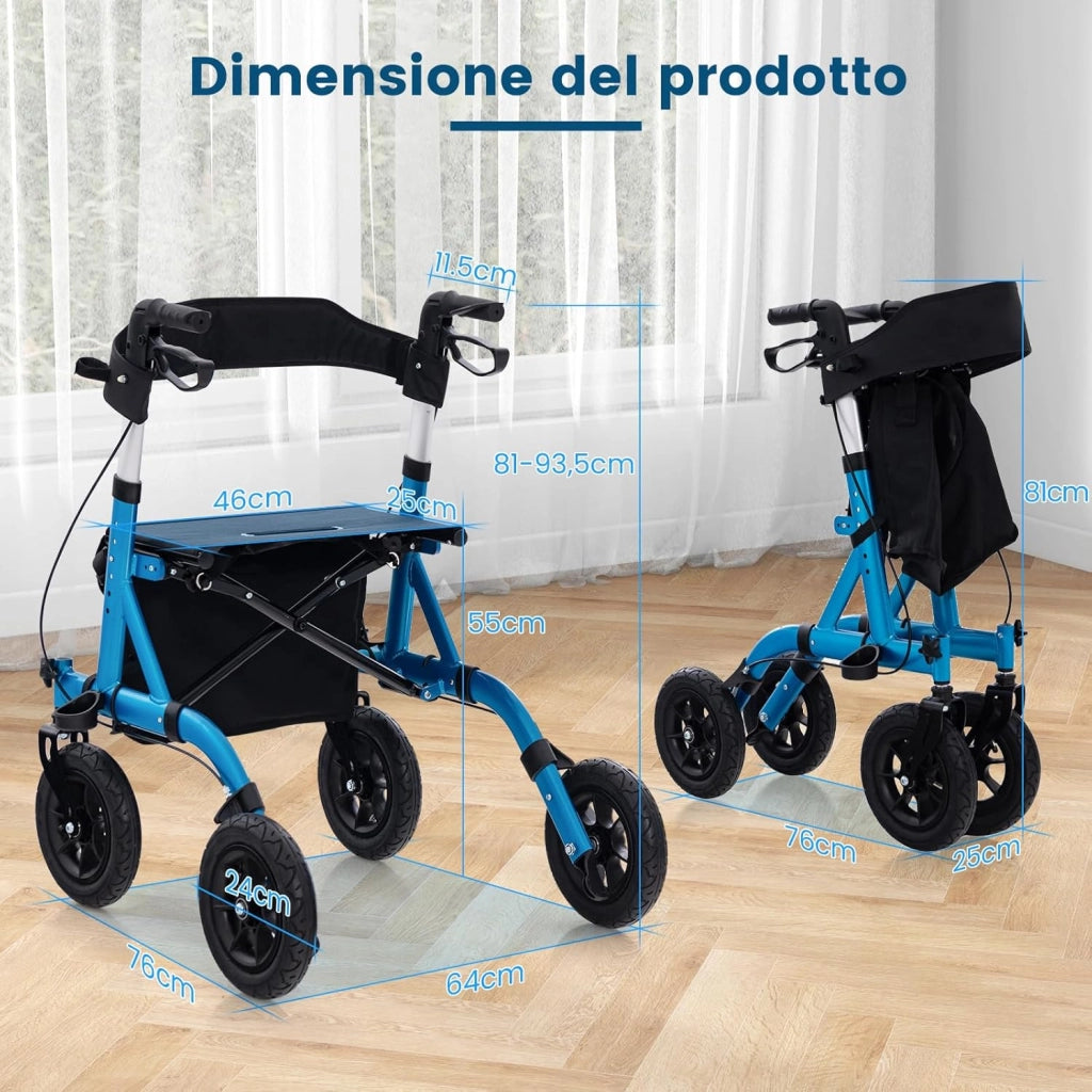Deambulatore per Anziani Pieghevole, Deambulatore Pieghevole Regolabile in Altezza, Con 4 Ruote Gonfiabili e Borsa Portaoggetti, in Alluminio, Portata Massima di 160 kg (Blu)