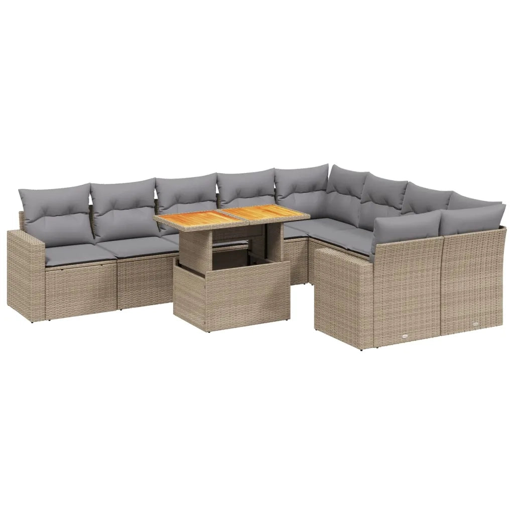 Set Divano da Giardino 10 pz con Cuscini Beige in Polyrattan