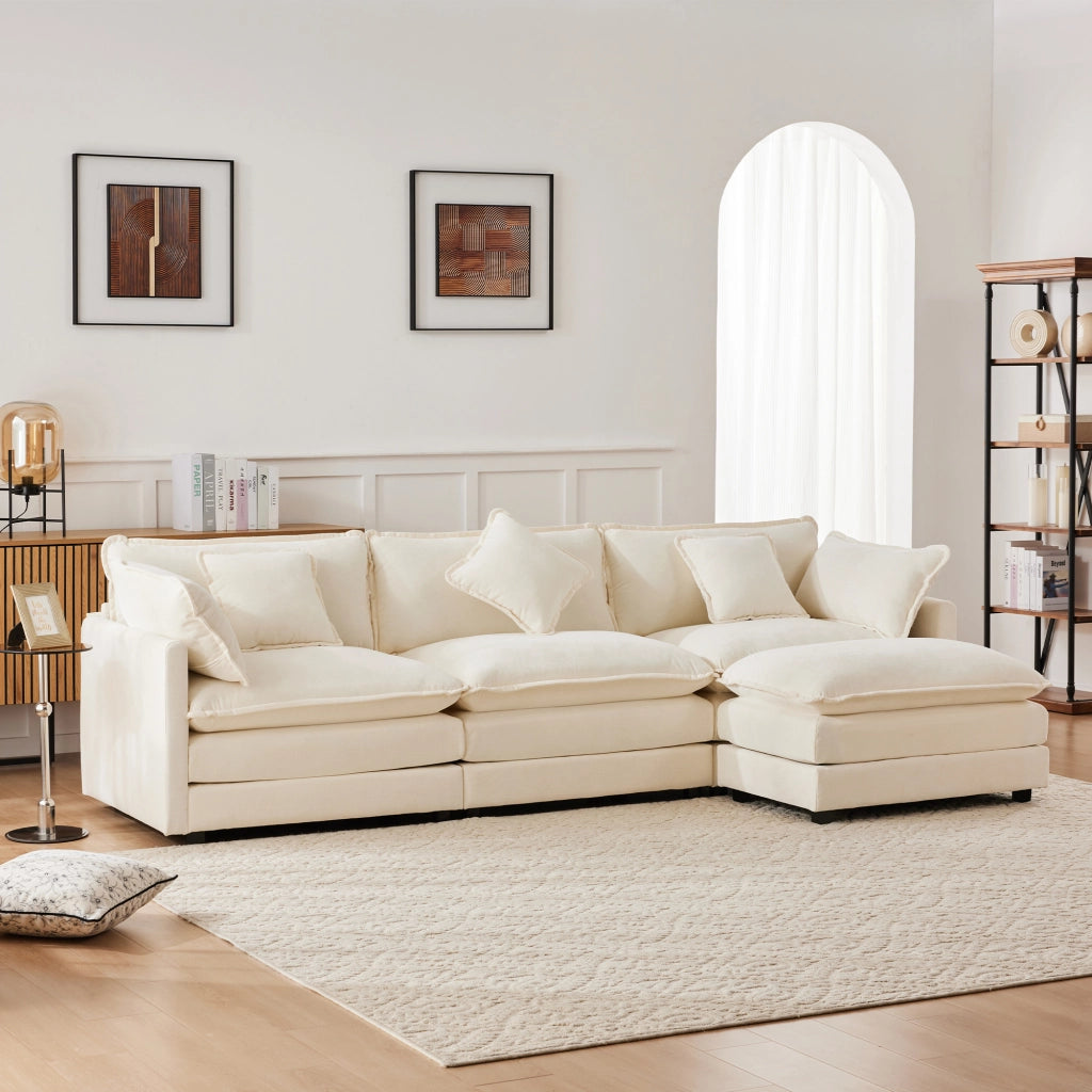 Divano angolare a 3 posti in chenille con pouf mobile e cuscini lombari per relax, beige 283 × 147 × 84 cm