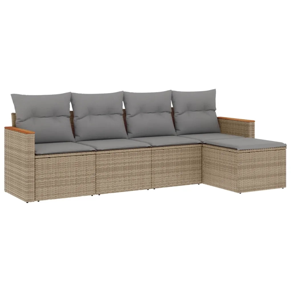Set Divano da Giardino 5 pz | Set Salotto da Giardino con Cuscini Beige in Polyrattan