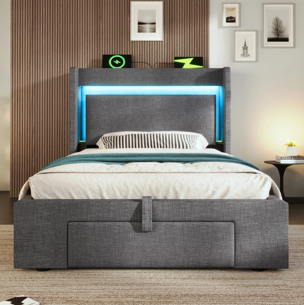 Letto imbottito 90x200 cm con contenitore idraulico; LED; USB e USB C; lino grigio