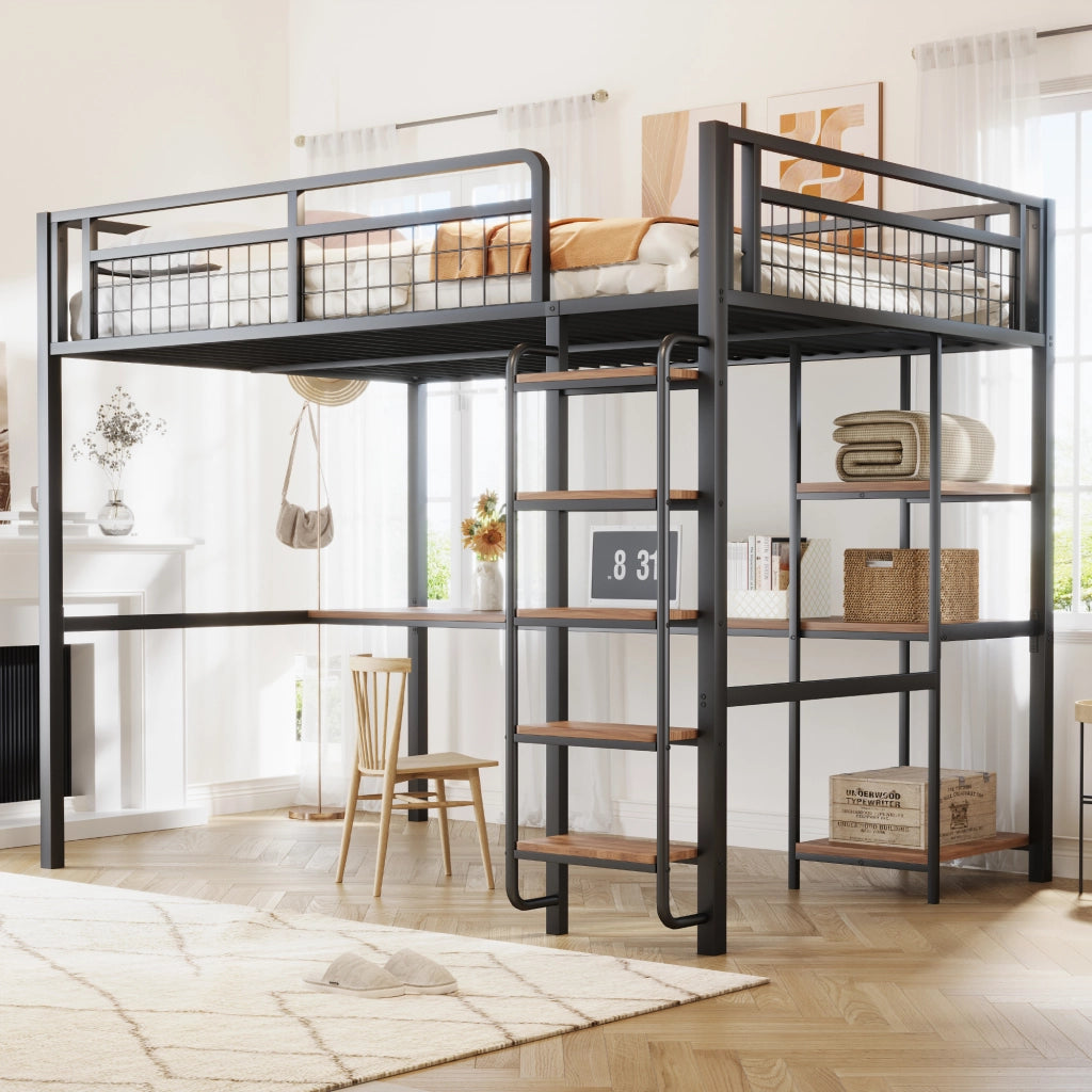 LETTO A CASTELLO 140x200 cm in metallo nero con tavolo e ripiani