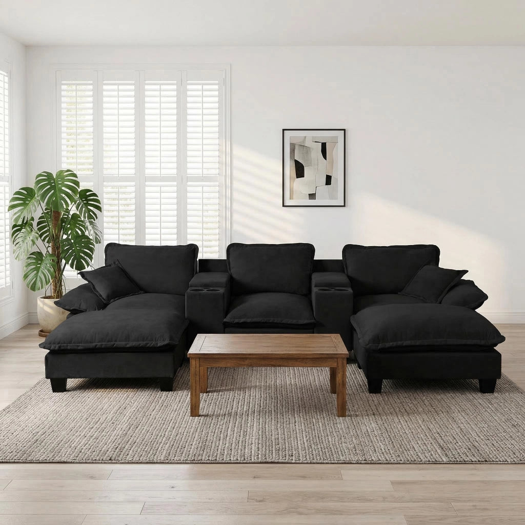 Divano Angolare Modulare U ¨C Xylo ¨C Nero, Chenille, con Ottomane, Portabicchieri e USB