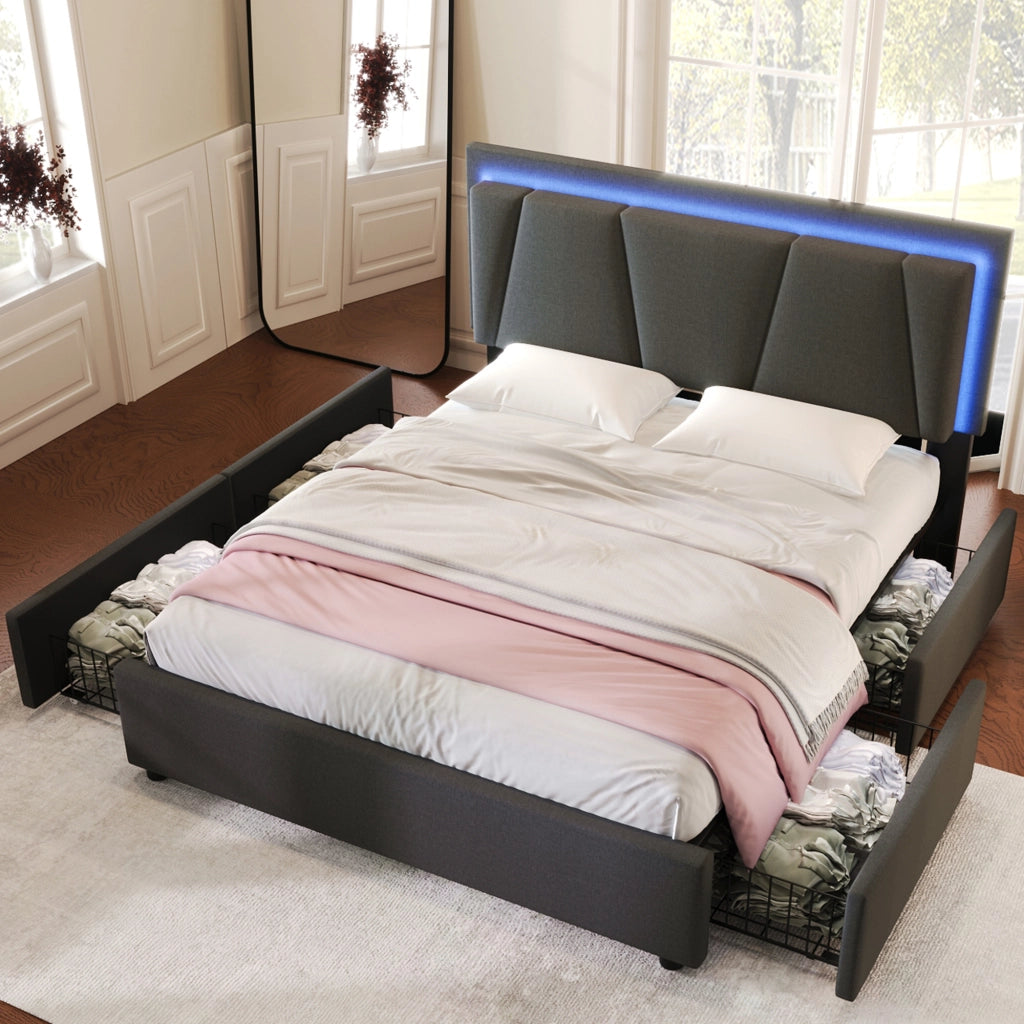 LETTO imbottito 160x200 cm grigio con testiera regolabile, LED e 4 cassetti