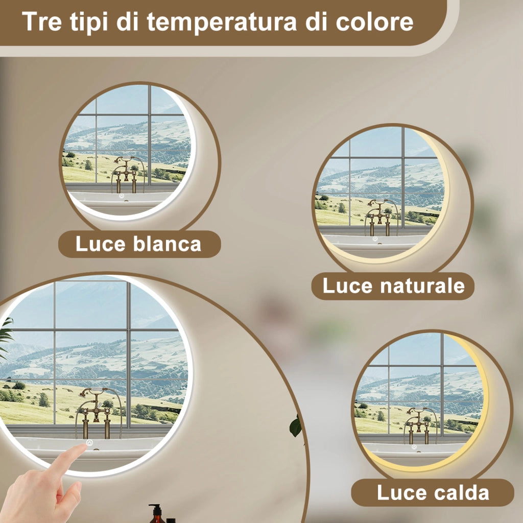 AICA Specchio Da Bagno Rotondo Da 60cm con LED, Antiappannamento, 3 Temperature Colore