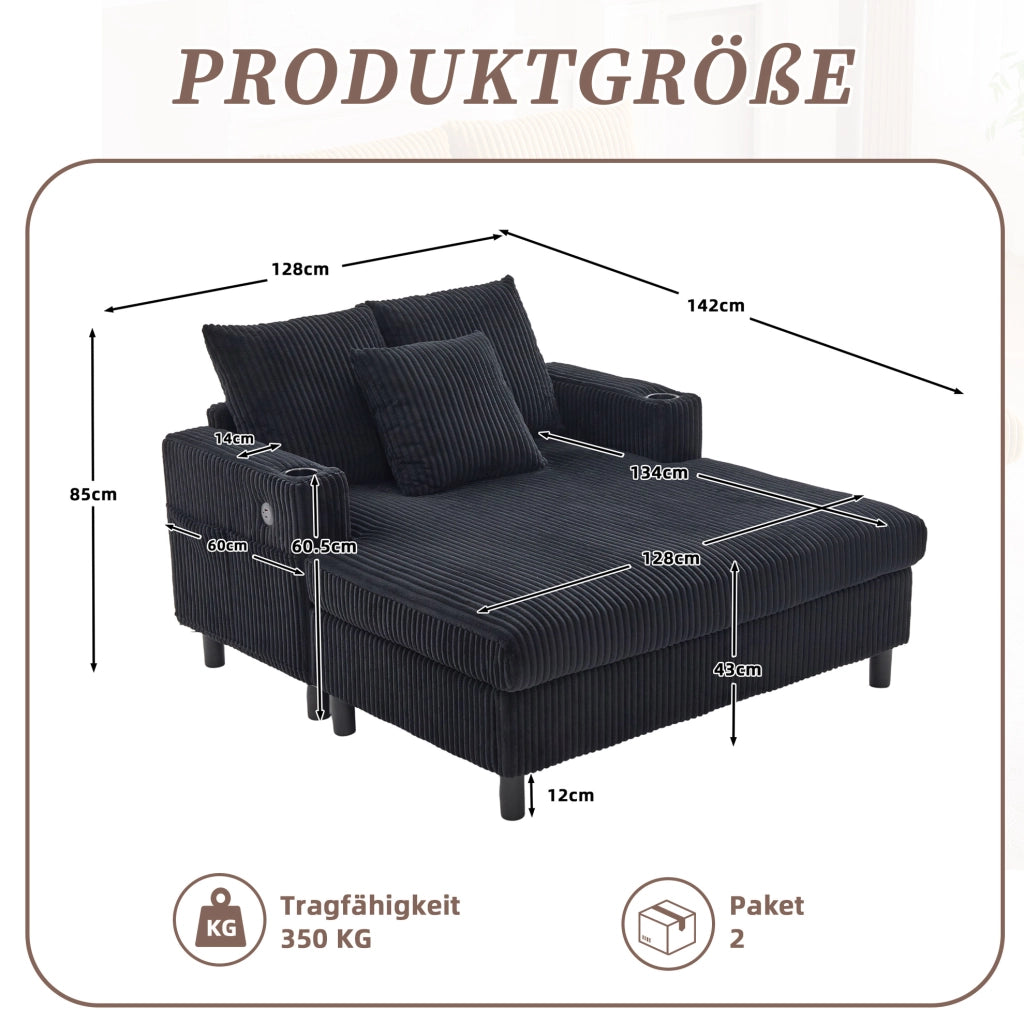 Poltrona relax oversize in velluto a coste nero con LED; USB; portabicchieri; 142 cm