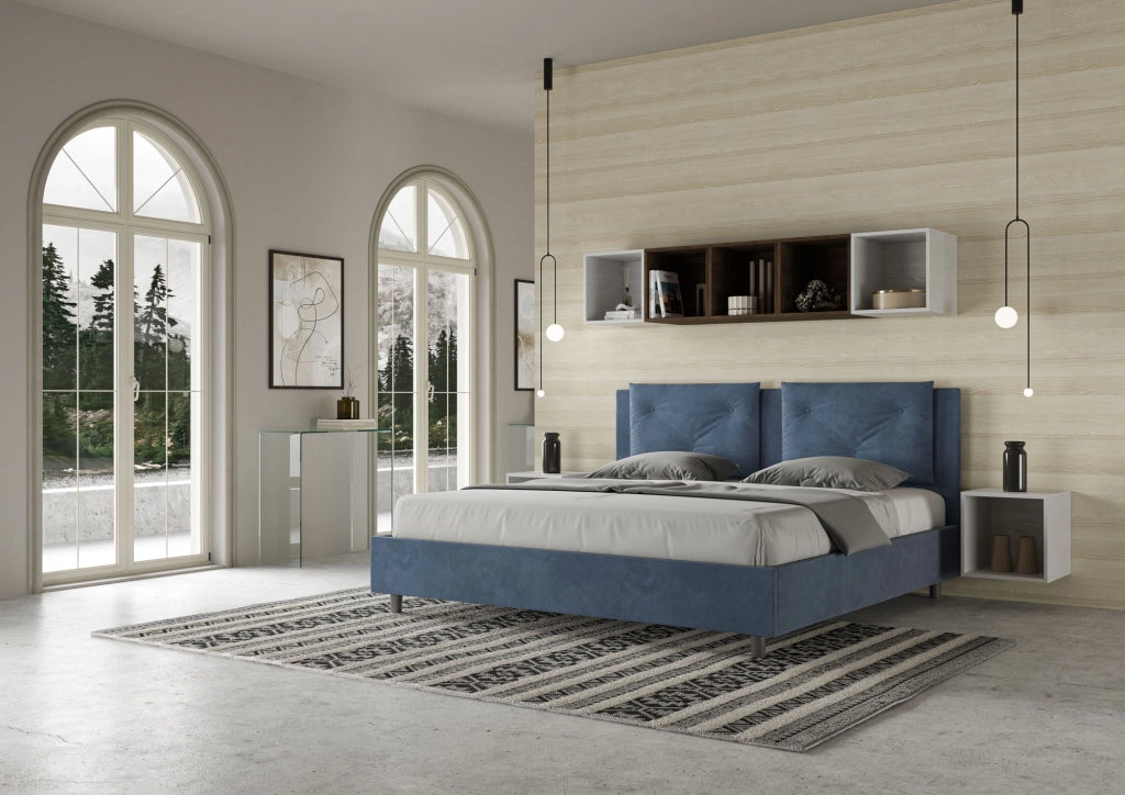BS COM Letto matrimoniale king size contenitore imbottito 170x210 microfibra blu