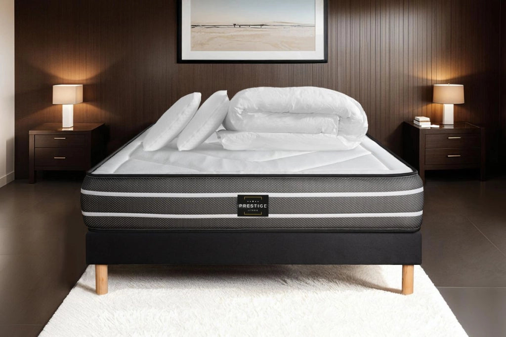 Pacchetto letto completo - Materasso 140x190cm + Box spring con doghe (kit) + 2 cuscini + Piumino - Esclusivo