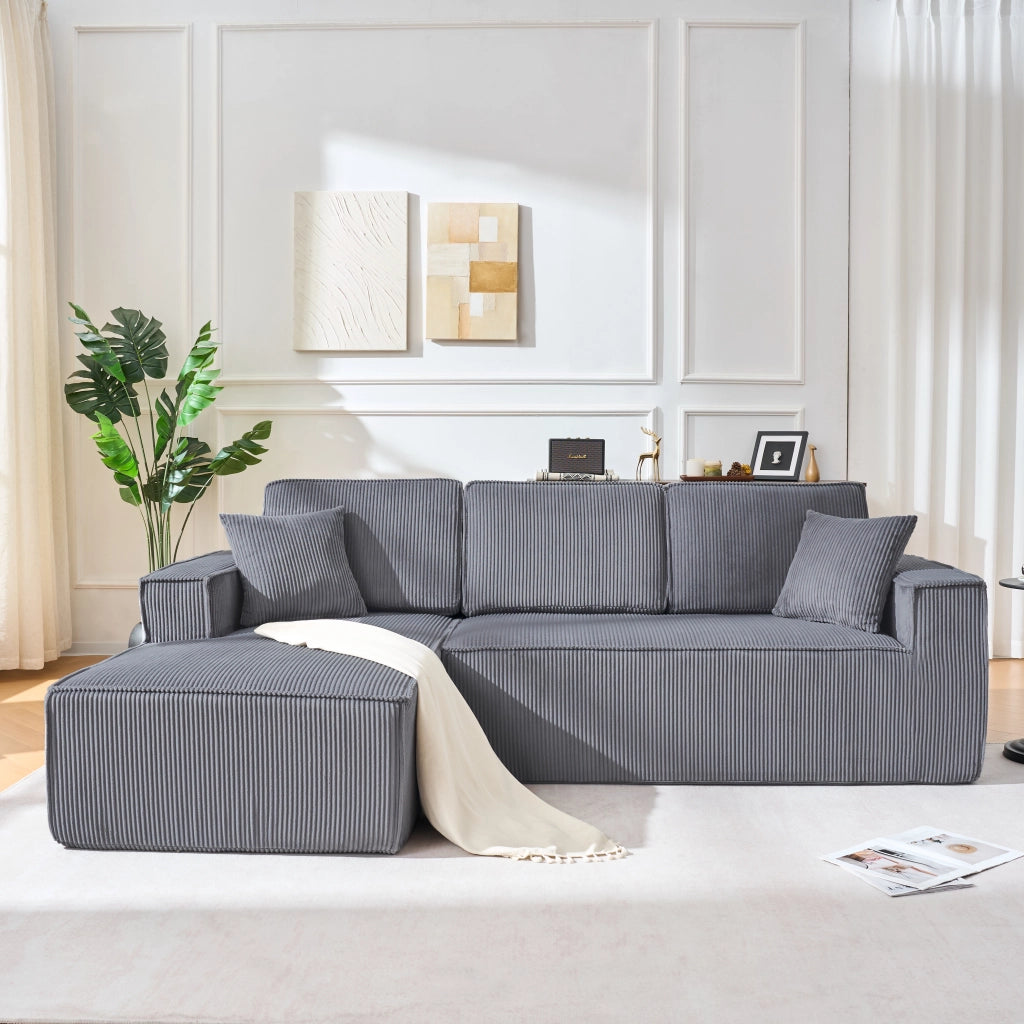 Divano Angolare 2 Posti con Chaise Longue ¨C MINIMAL ¨C Tessuto a Coste, Grigio, Morbido